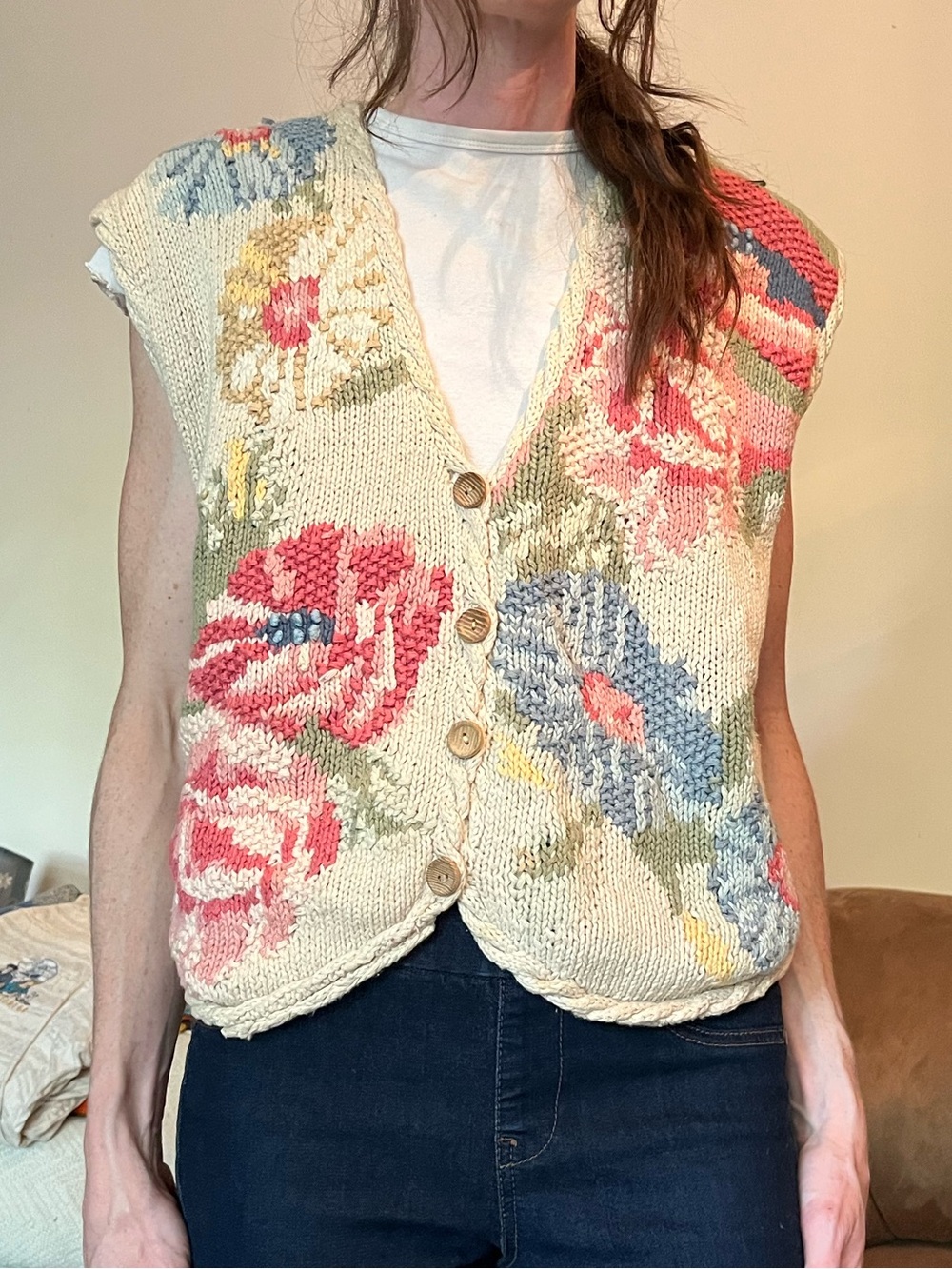 Heirloom Floral Knit Sleeveless Vest - Cream with Pink & Green